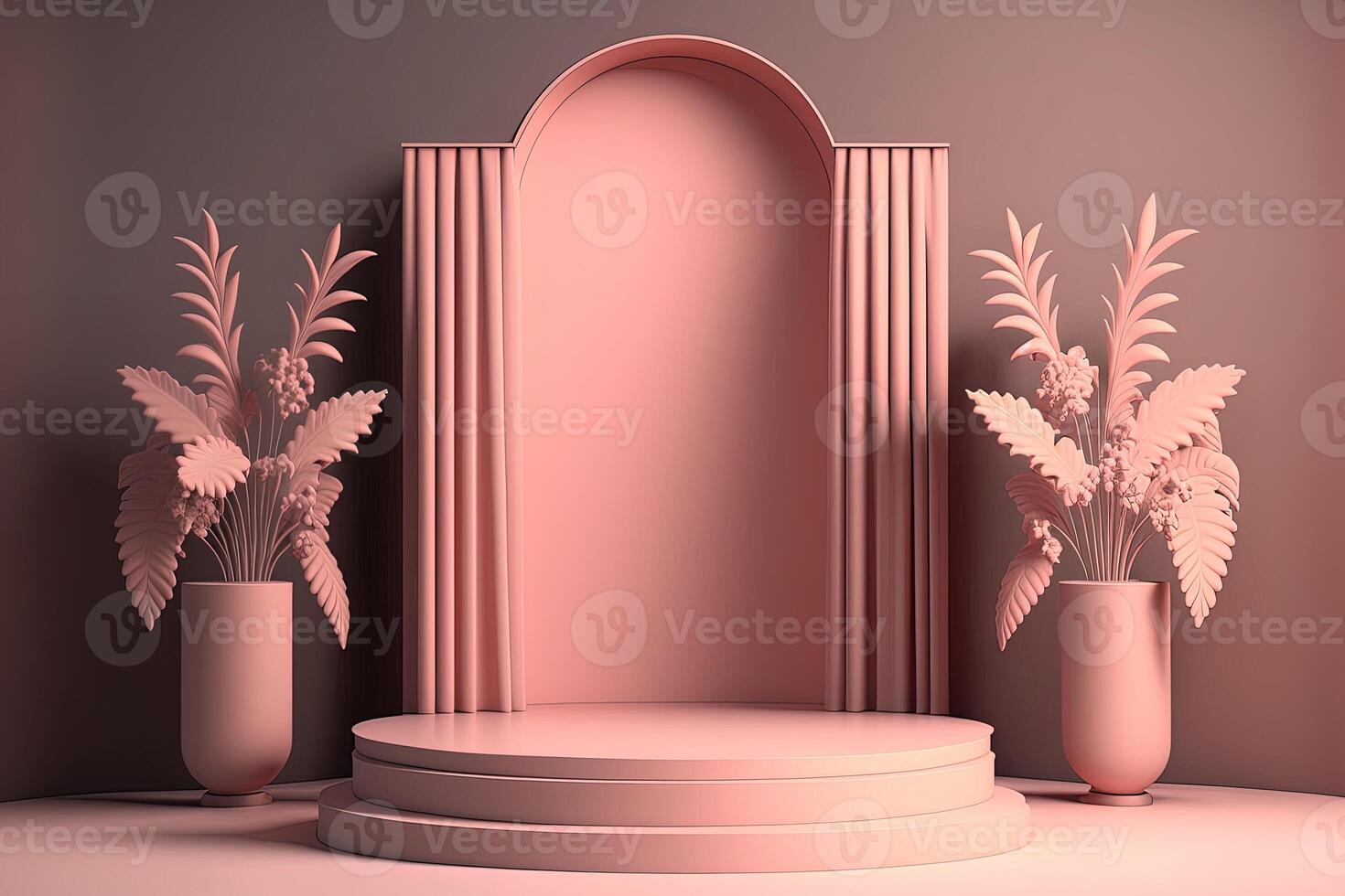 Studio interior with a podium for displaying products with elements of vegetation and decorations. . photo