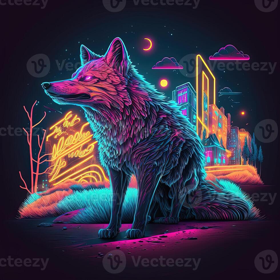 Stylized neon Coyote on the outskirts of the city. Generative ai
