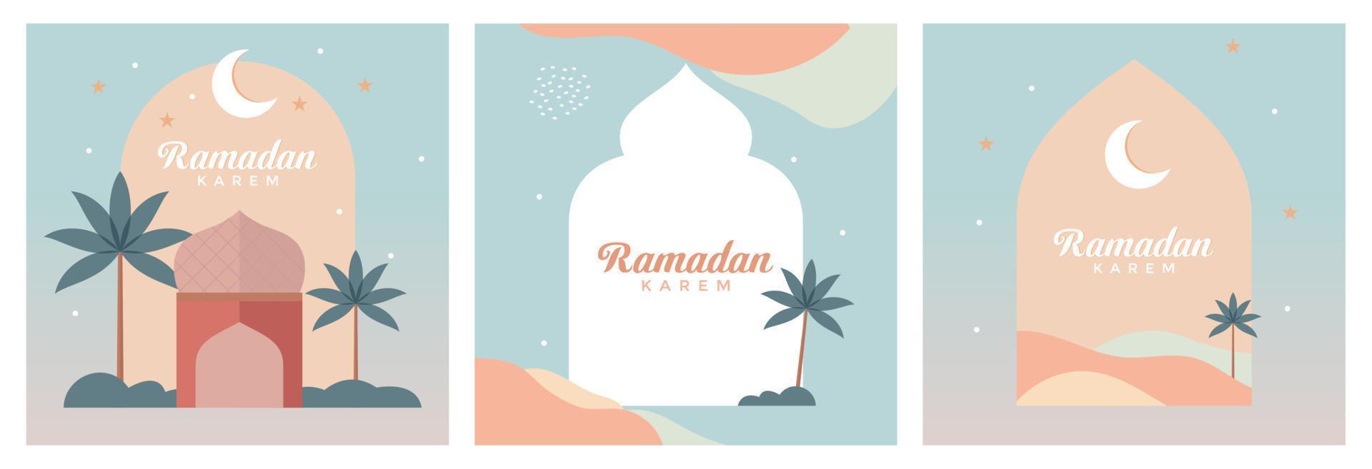 Ramadan Kareem set of templates. Design modern art style with pastel colors. Modern beautiful design with mosque, crescent moon, stars in the sky, arched windows. Posters, covers, cards, banner. vector