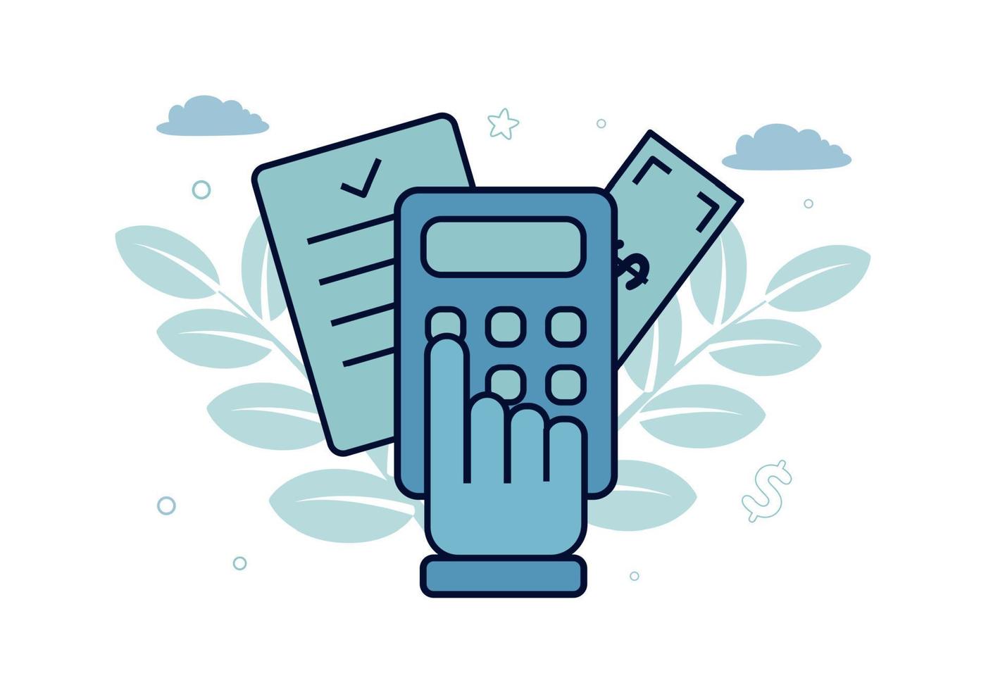 Finance. Vector illustration of accounting. Hand on a calculator, behind it a document and a bill, against the background of leaves, clouds, stars