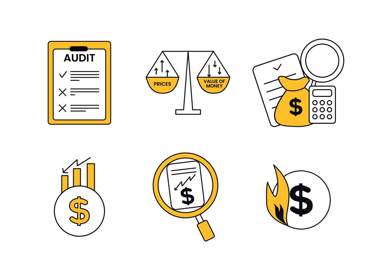 Finance. Vector illustration set of inflation icons, audit