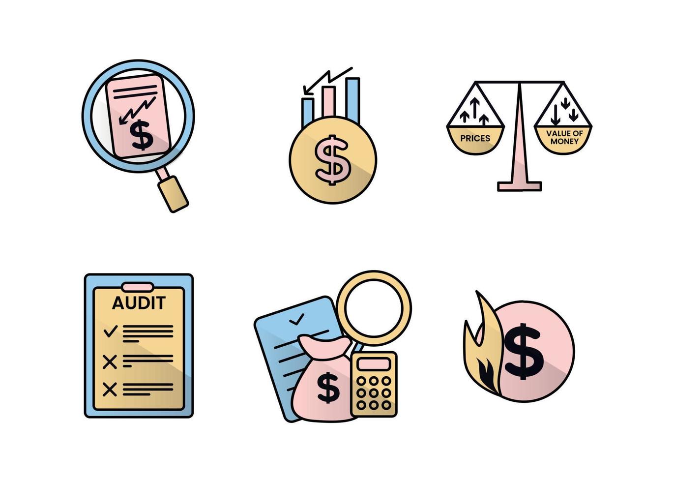 Finance. Vector illustration set of inflation icons, audit