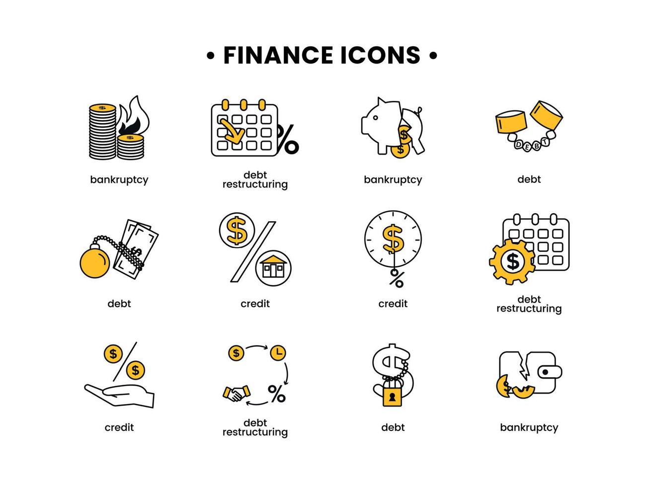 finanzas. vector ilustración conjunto de íconos deuda, deuda reestructuración, bancarrota, crédito.