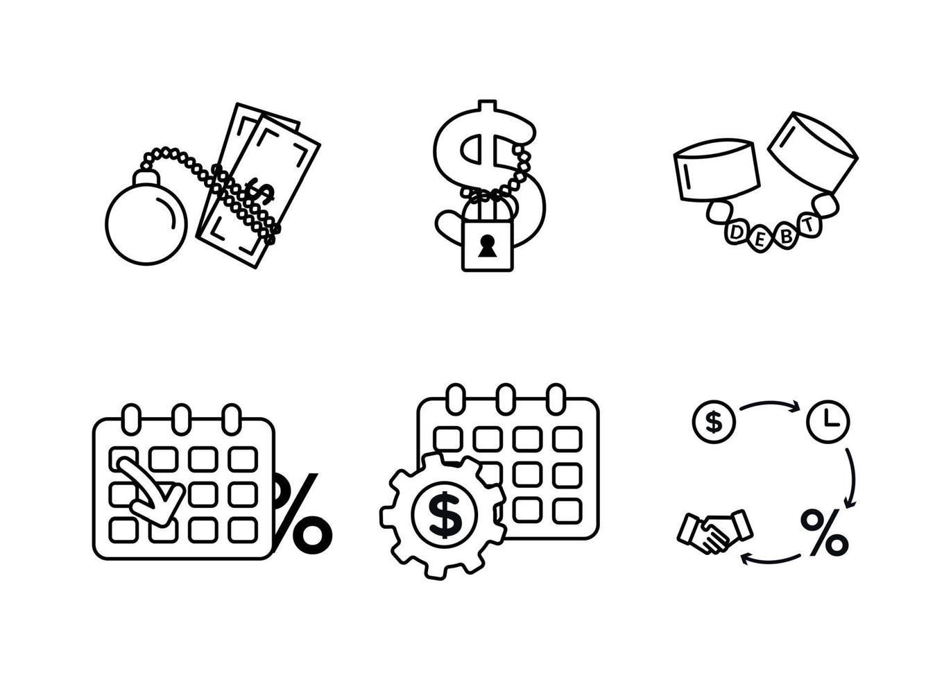 Finance. Vector illustration set of debt icons, debt restructuring
