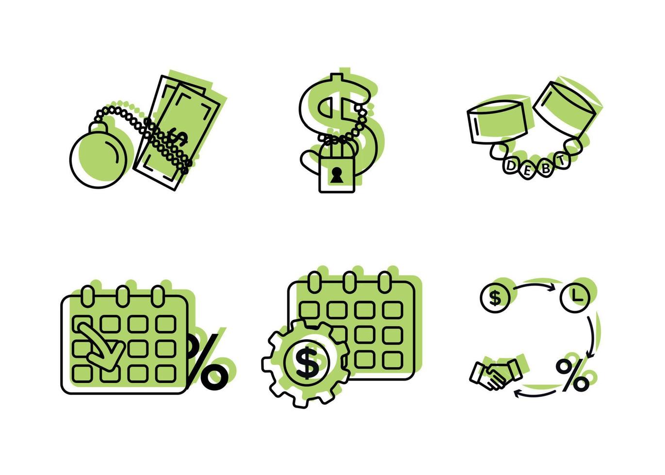 Finance. Vector illustration set of debt icons, debt restructuring