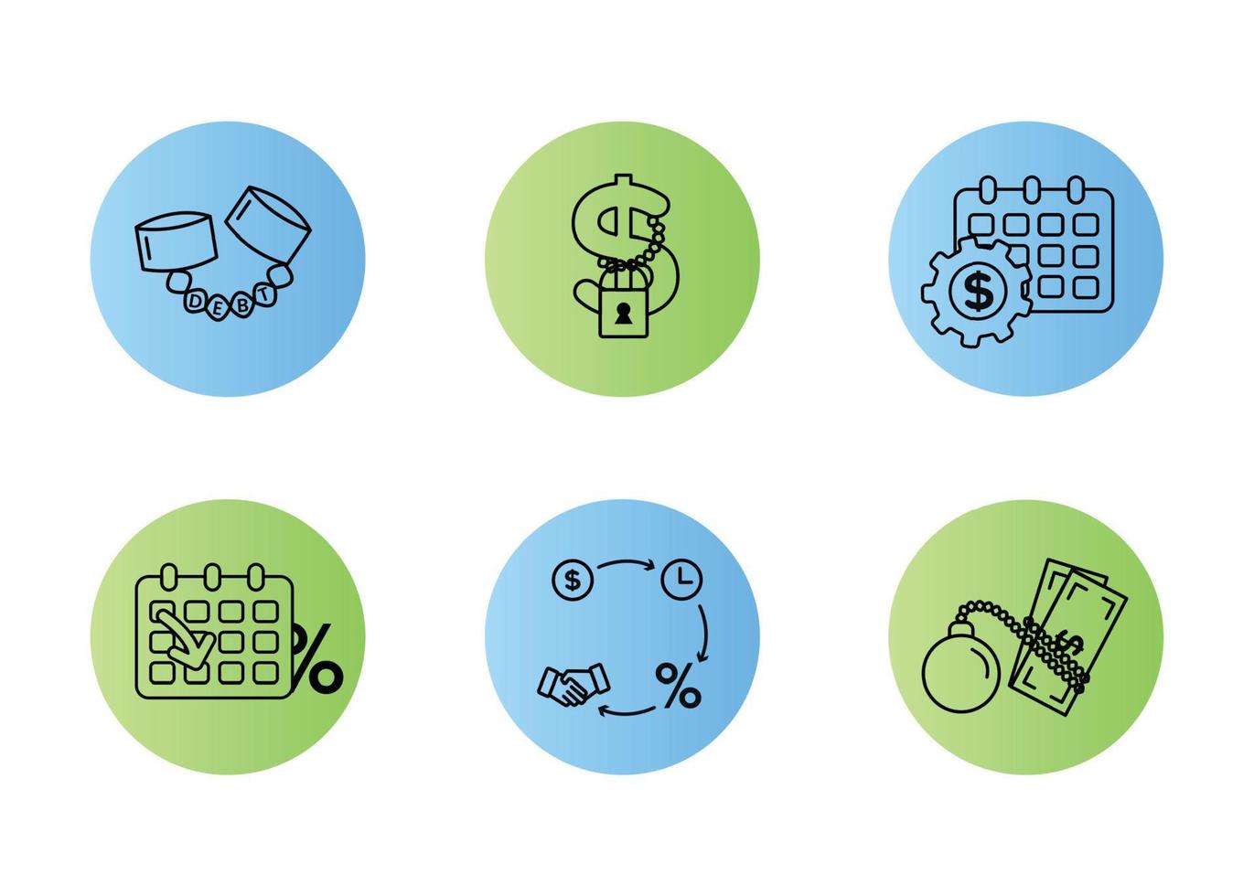 Finance. Vector illustration set of debt icons, debt restructuring