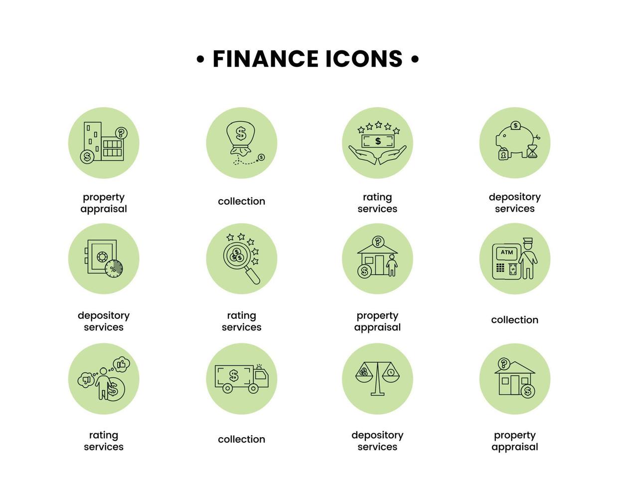 Finance. Vector illustration set of icons depository services, property appraisal, rating services, collection.