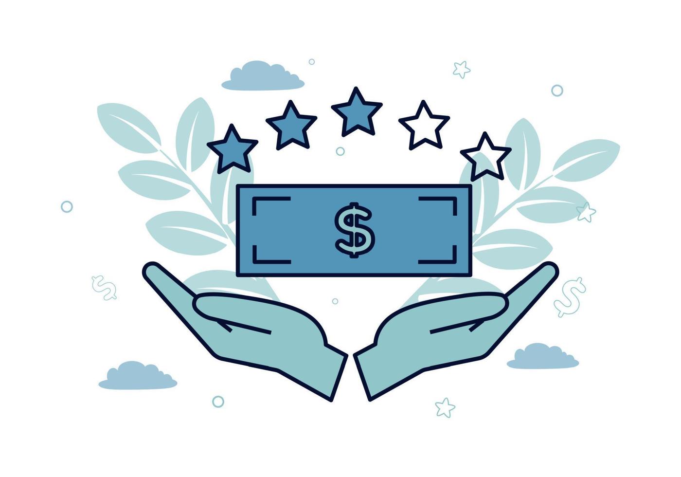 Rating services logo. Logo with the image of a dollar in hands and stars. Vector illustration.