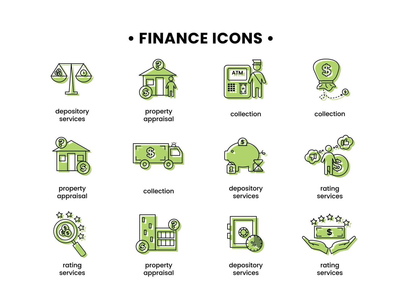 Finance. Vector illustration set of icons depository services, property appraisal, rating services, collection.