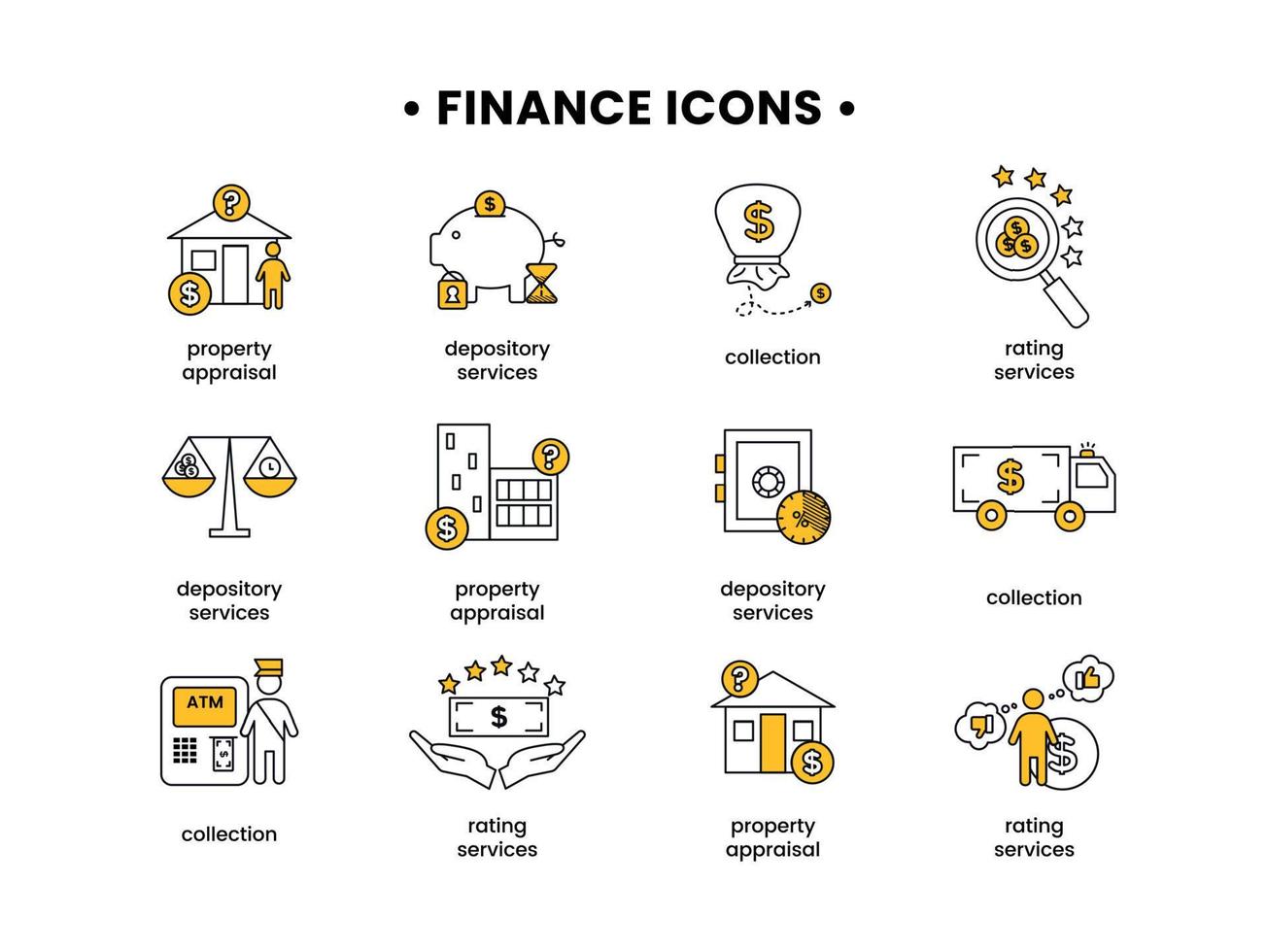 Finance. Vector illustration set of icons depository services, property appraisal, rating services, collection.