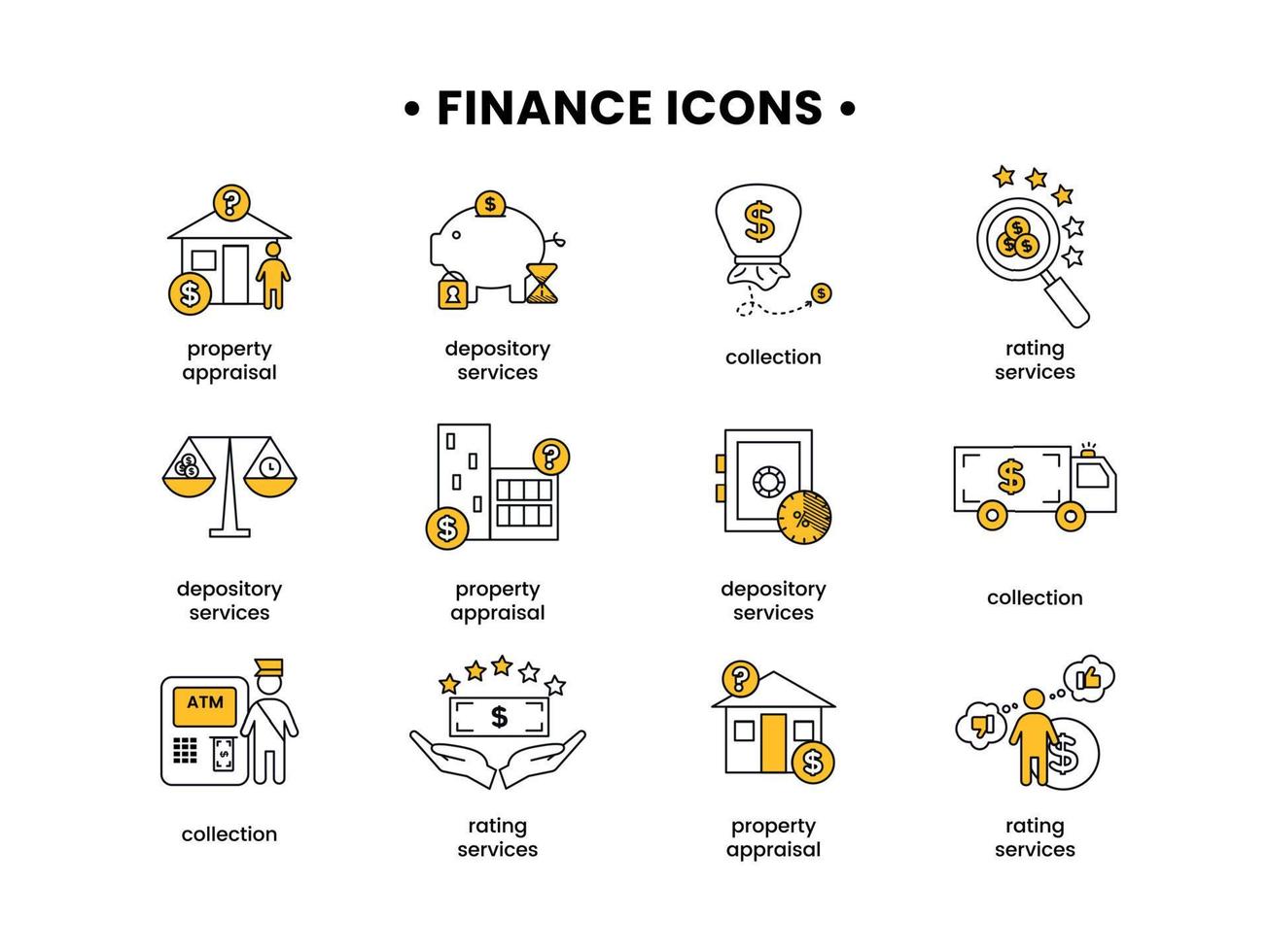 finanzas. vector ilustración conjunto de íconos depositario servicios, propiedad evaluación, clasificación servicios, recopilación.