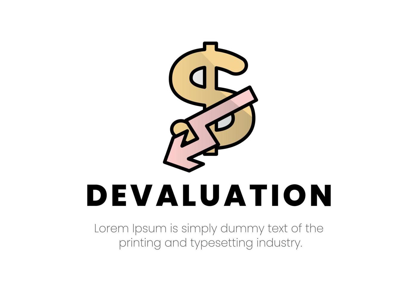 Vector finance illustration. Logo devaluation. Dollar icon, arrow pointing down on it, inscription devaluation