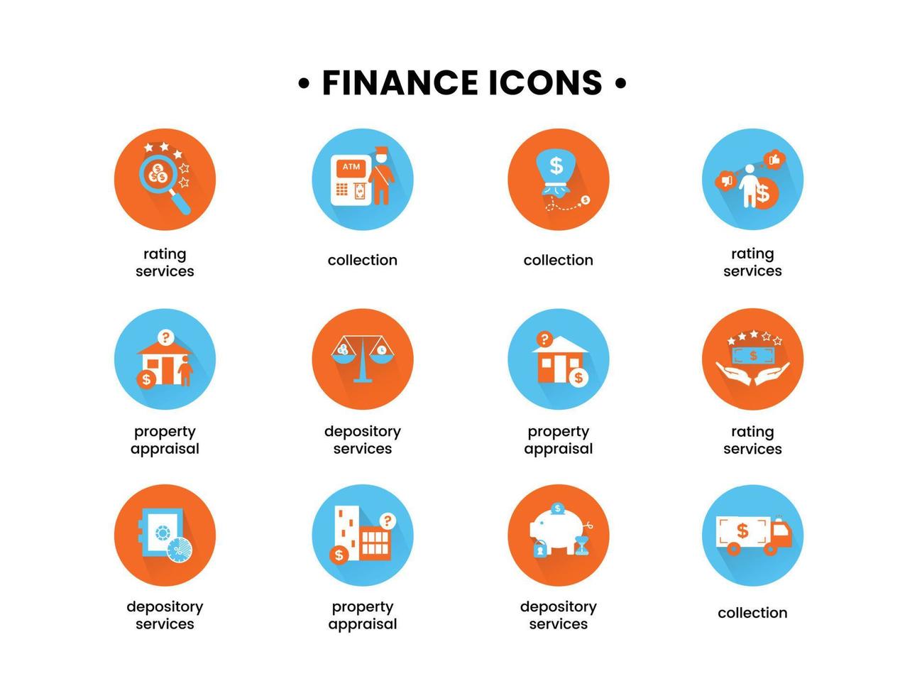 Finance. Vector illustration set of icons depository services, property appraisal, rating services, collection.