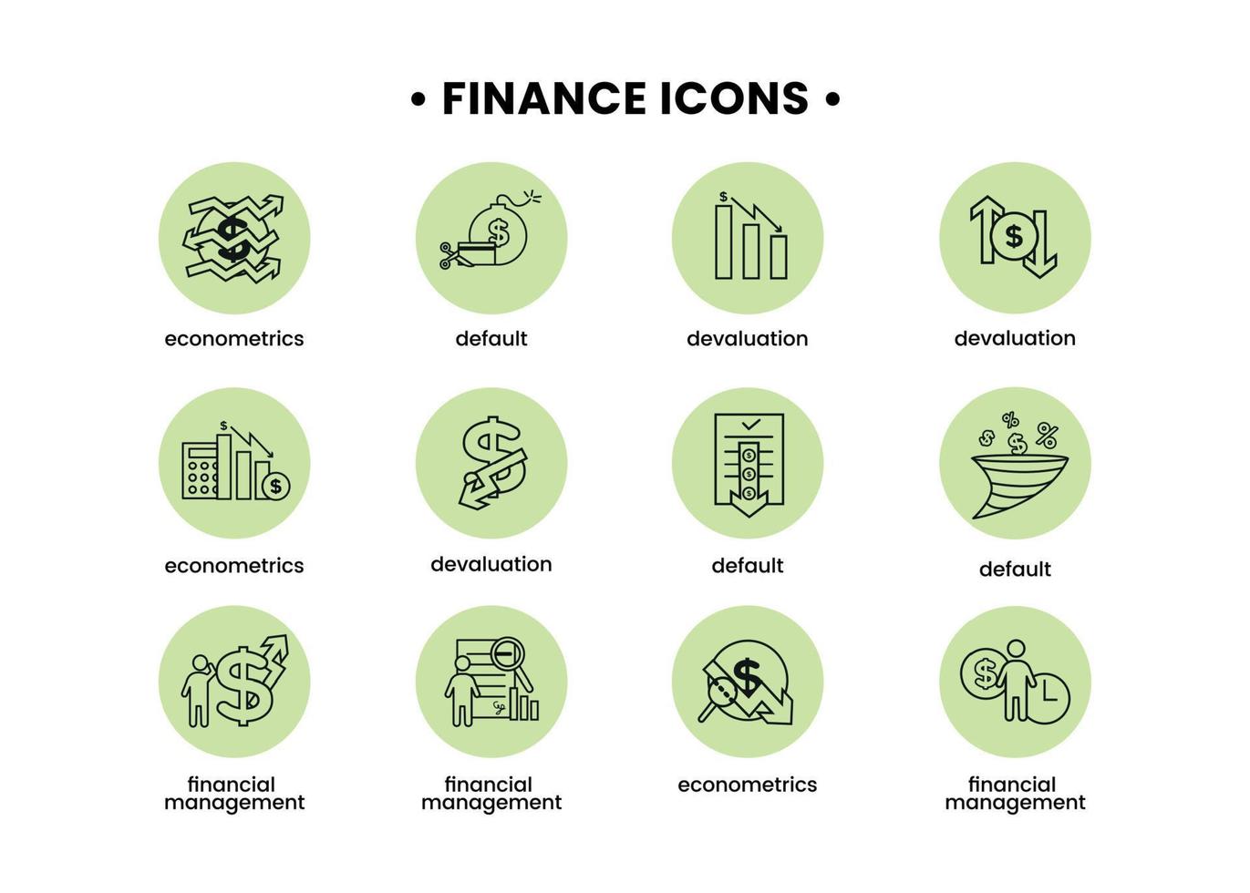 Finance icons set. Vector illustration of financial management, econometrics, devaluation, default. A dollar sign, next to which is the silhouette of a man, followed by an up arrow.