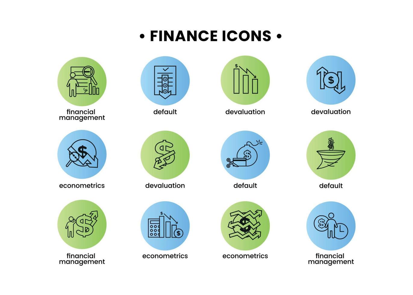 Finance icons set. Vector illustration of financial management, econometrics, devaluation, default. A dollar sign, next to which is the silhouette of a man, followed by an up arrow.