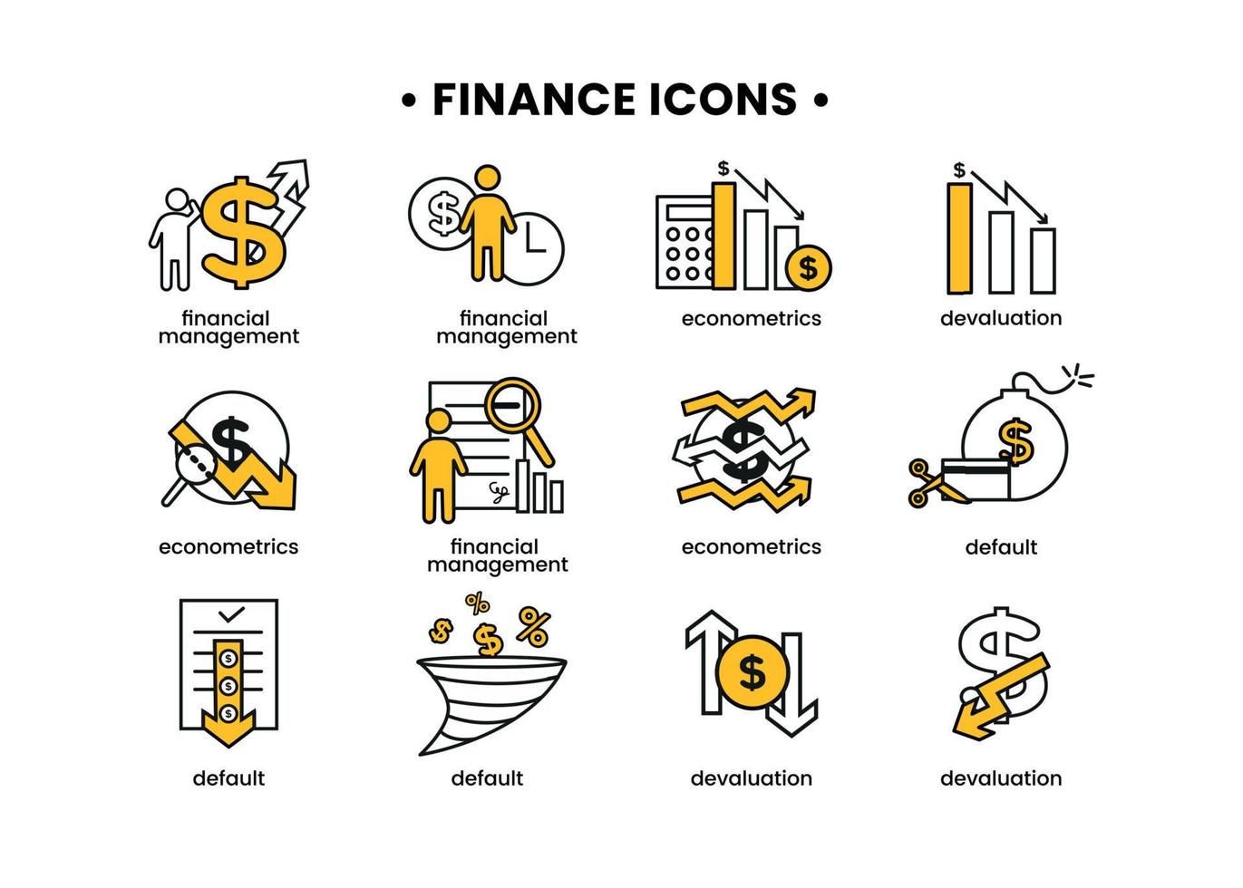Finance icons set. Vector illustration of financial management, econometrics, devaluation, default. A dollar sign, next to which is the silhouette of a man, followed by an up arrow.