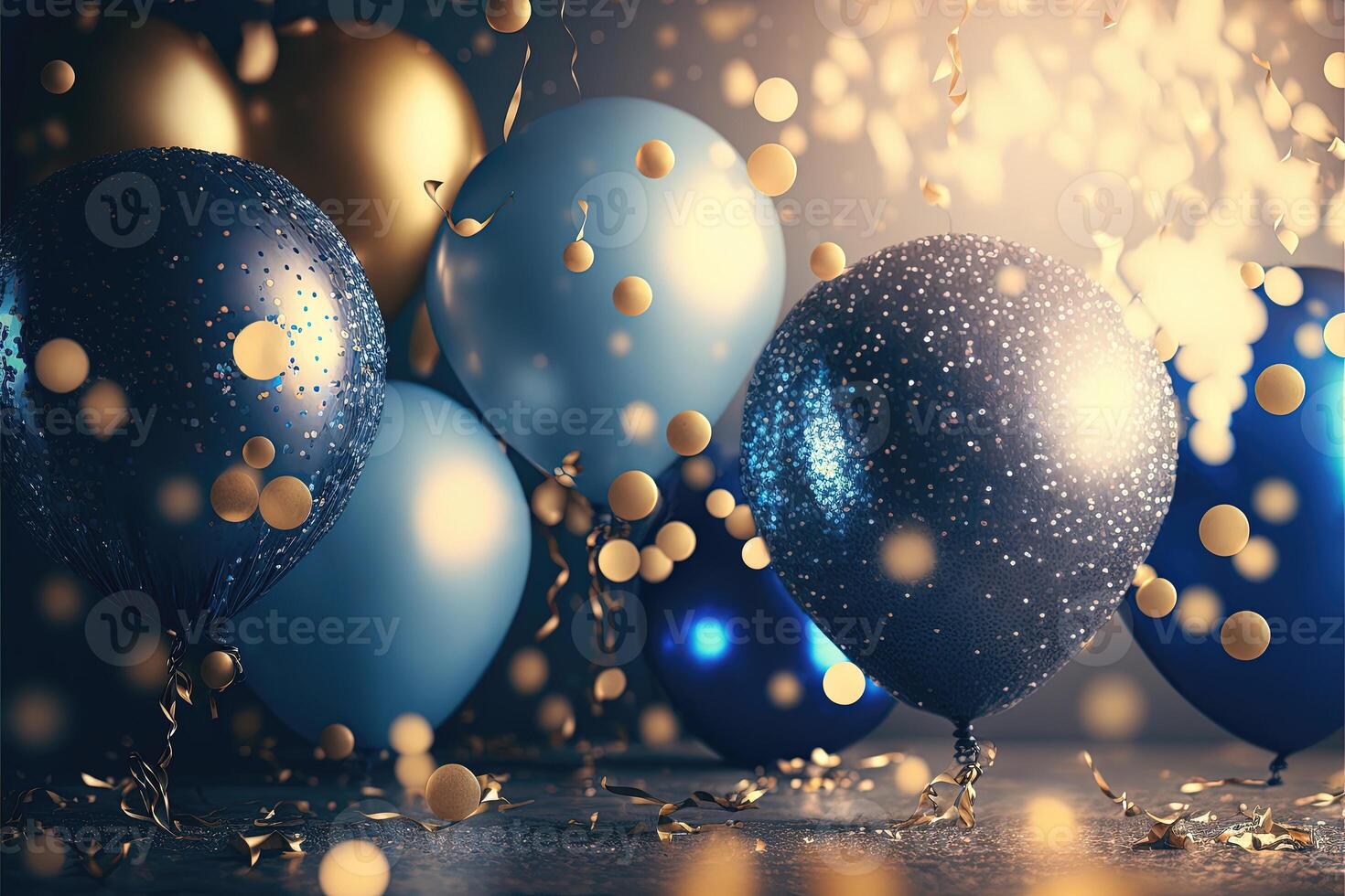 Realistic Festive background wit golden and blue balloons falling confetti blurry background and a bokeh lights. photo