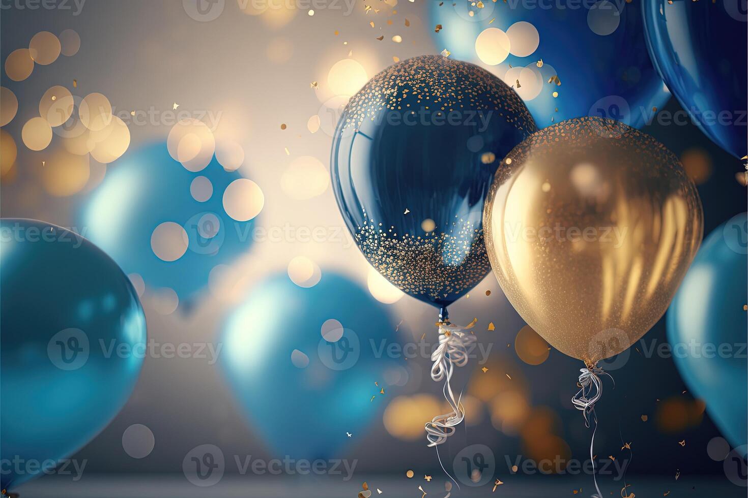 Realistic Festive background wit golden and blue balloons falling confetti blurry background and a bokeh lights. photo