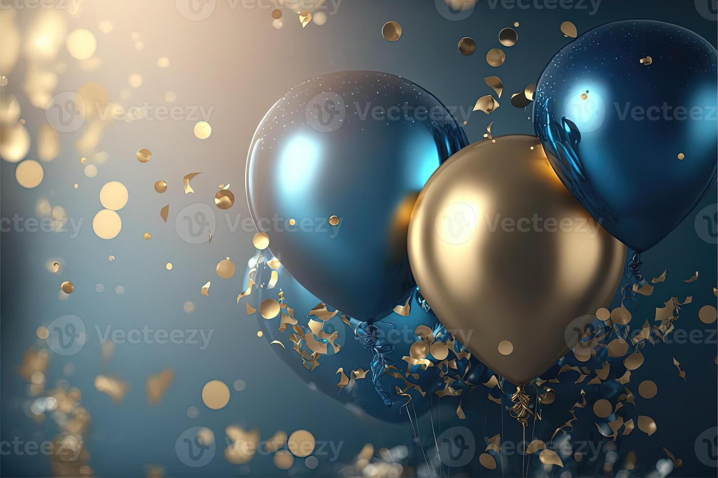 Realistic Festive background wit golden and blue balloons falling confetti blurry background and a bokeh lights. photo