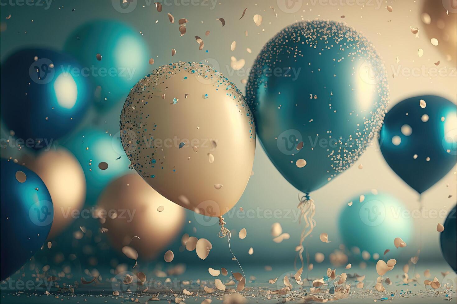 Realistic Festive background wit golden and blue balloons falling confetti blurry background and a bokeh lights. photo