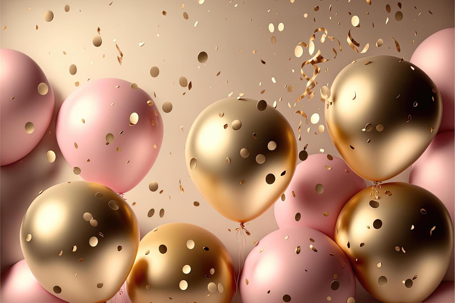Holiday greeting background with pink and gold balloons blurred background and confetti. . photo