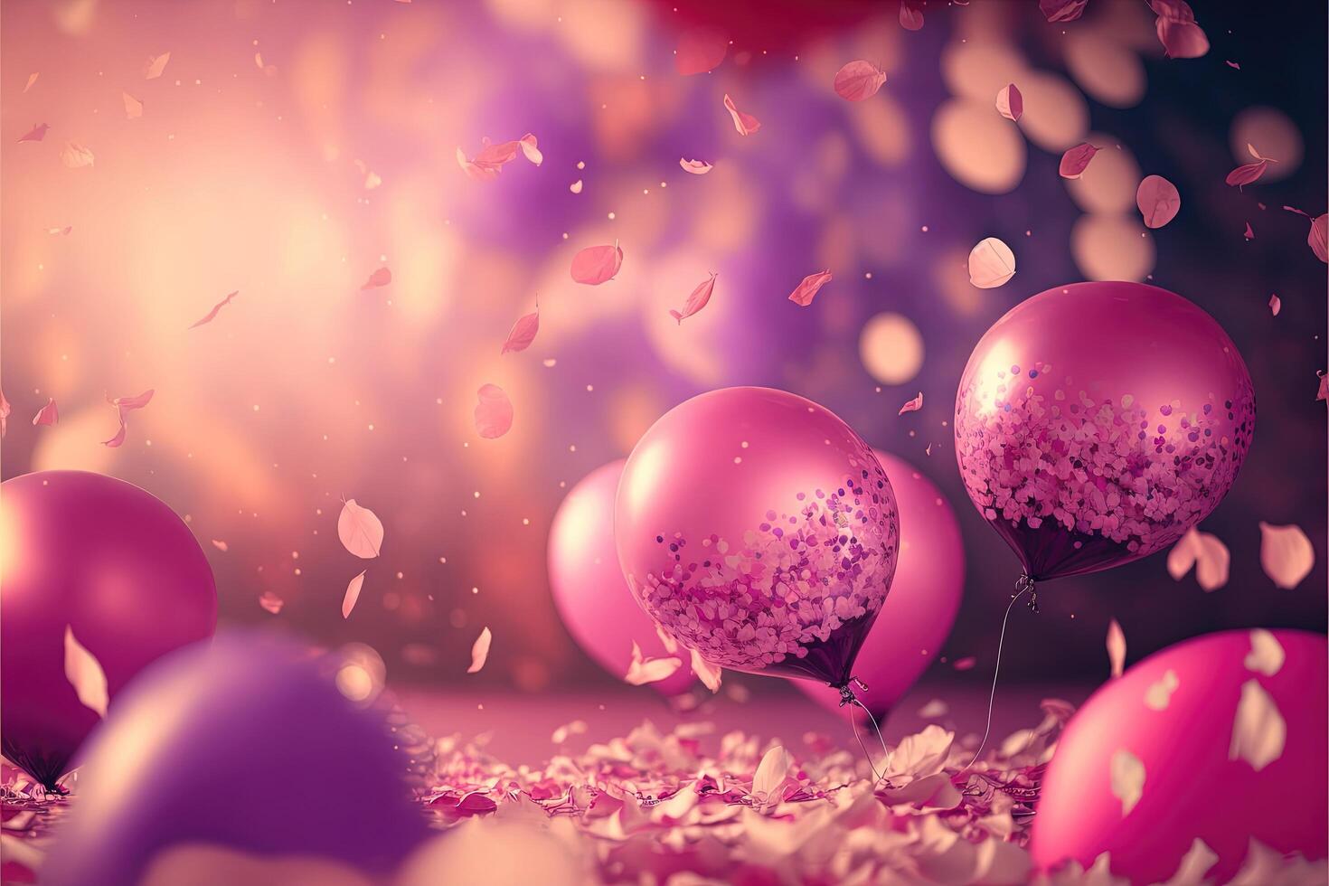 fiesta saludo romántico antecedentes globos borroso antecedentes y papel picado. generativo ai. foto
