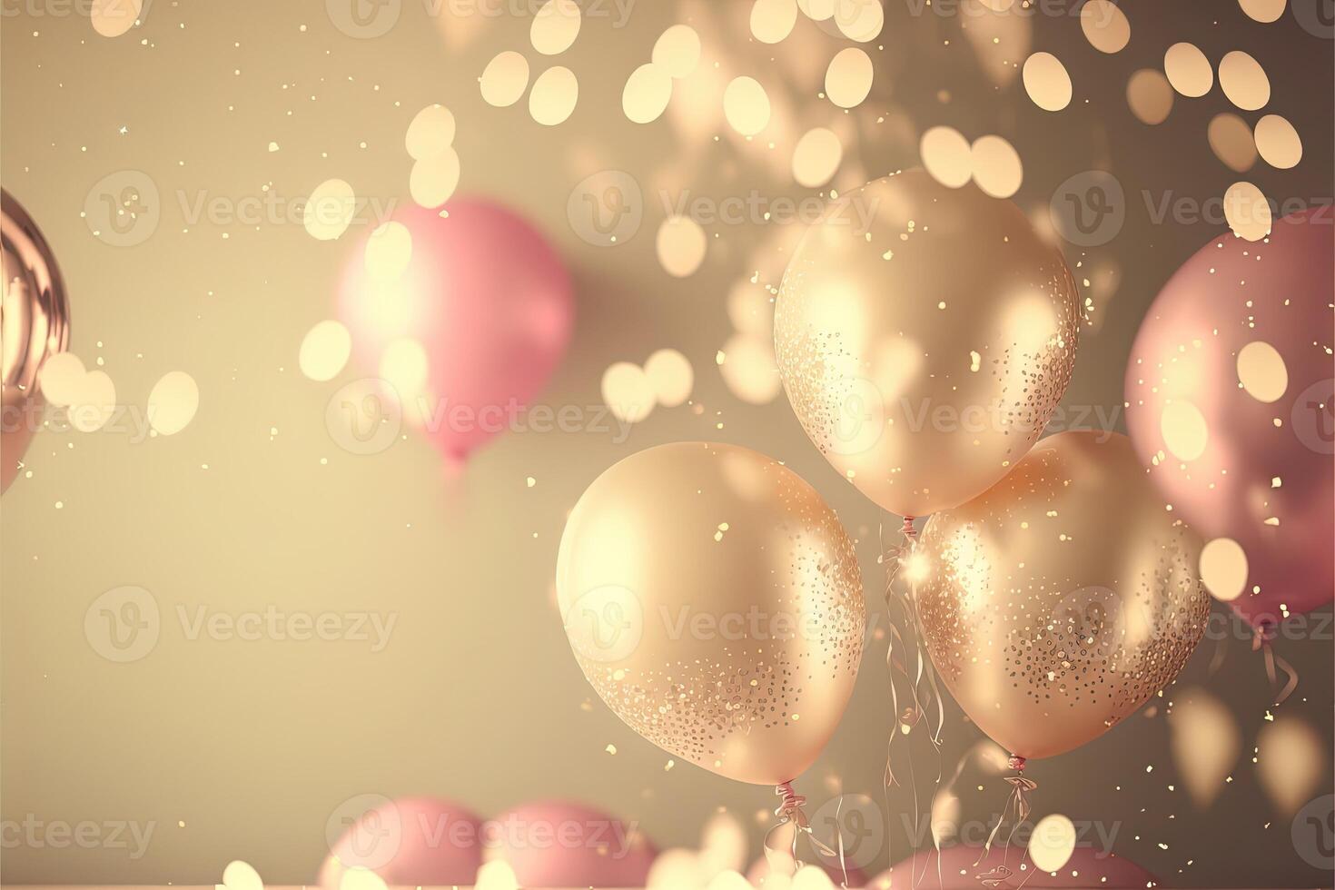 Holiday greeting background with pink and gold balloons blurred background and confetti. . photo