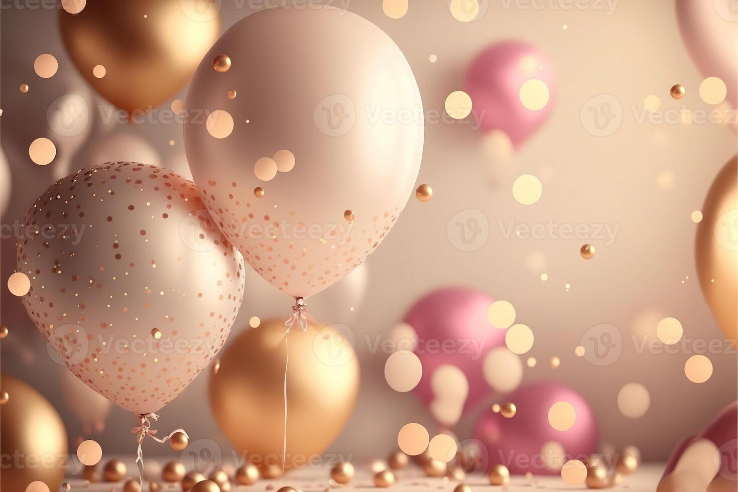 Holiday greeting background with pink and gold balloons blurred background and confetti. . photo