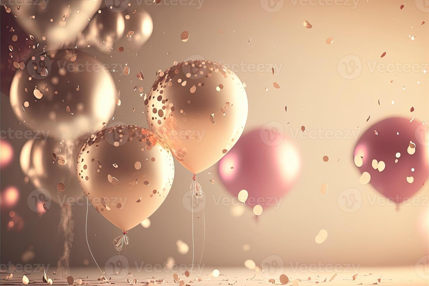 Holiday greeting background with pink and gold balloons blurred background and confetti. . photo