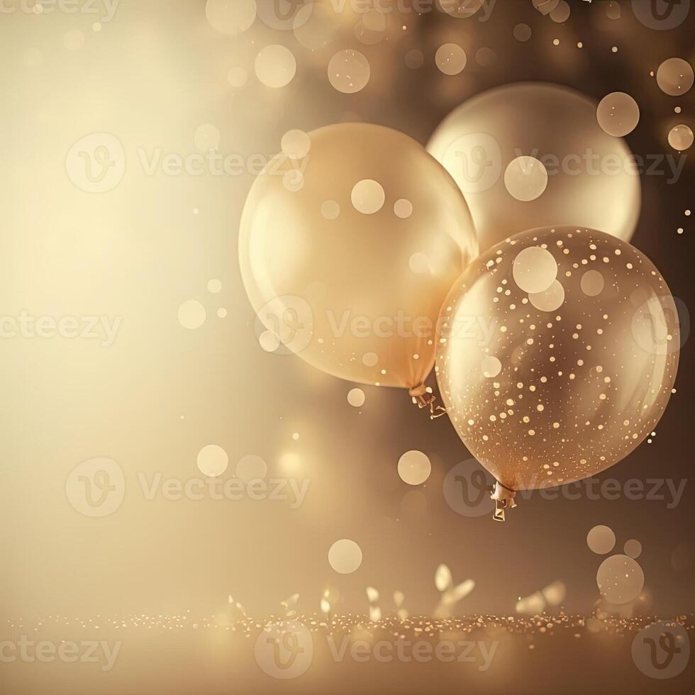 Festive luxury background with golden inflatable balloons, confetti, blurred background with bokeh effect. photo