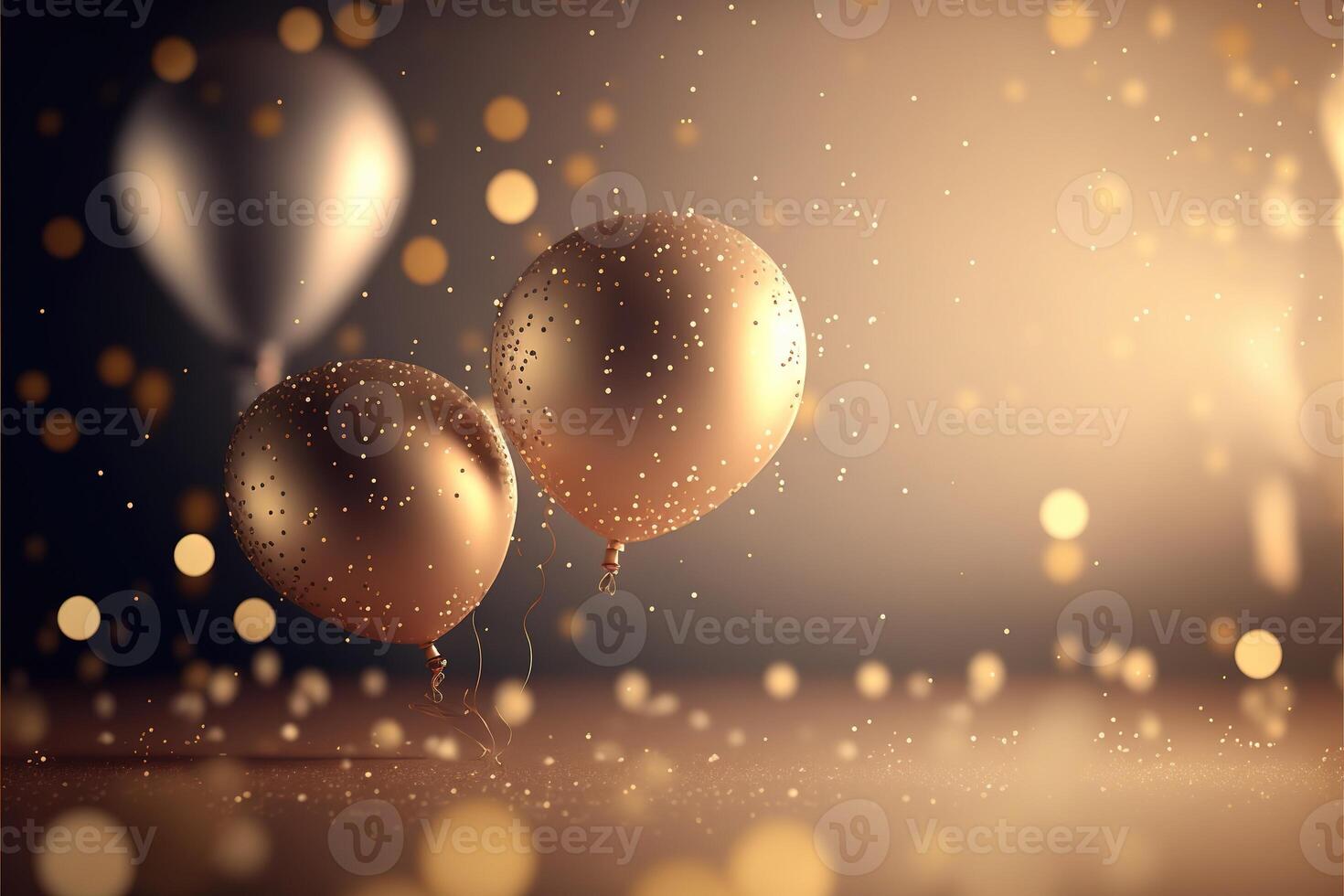 Festive luxury background with golden inflatable balloons, confetti, blurred background with bokeh effect. photo
