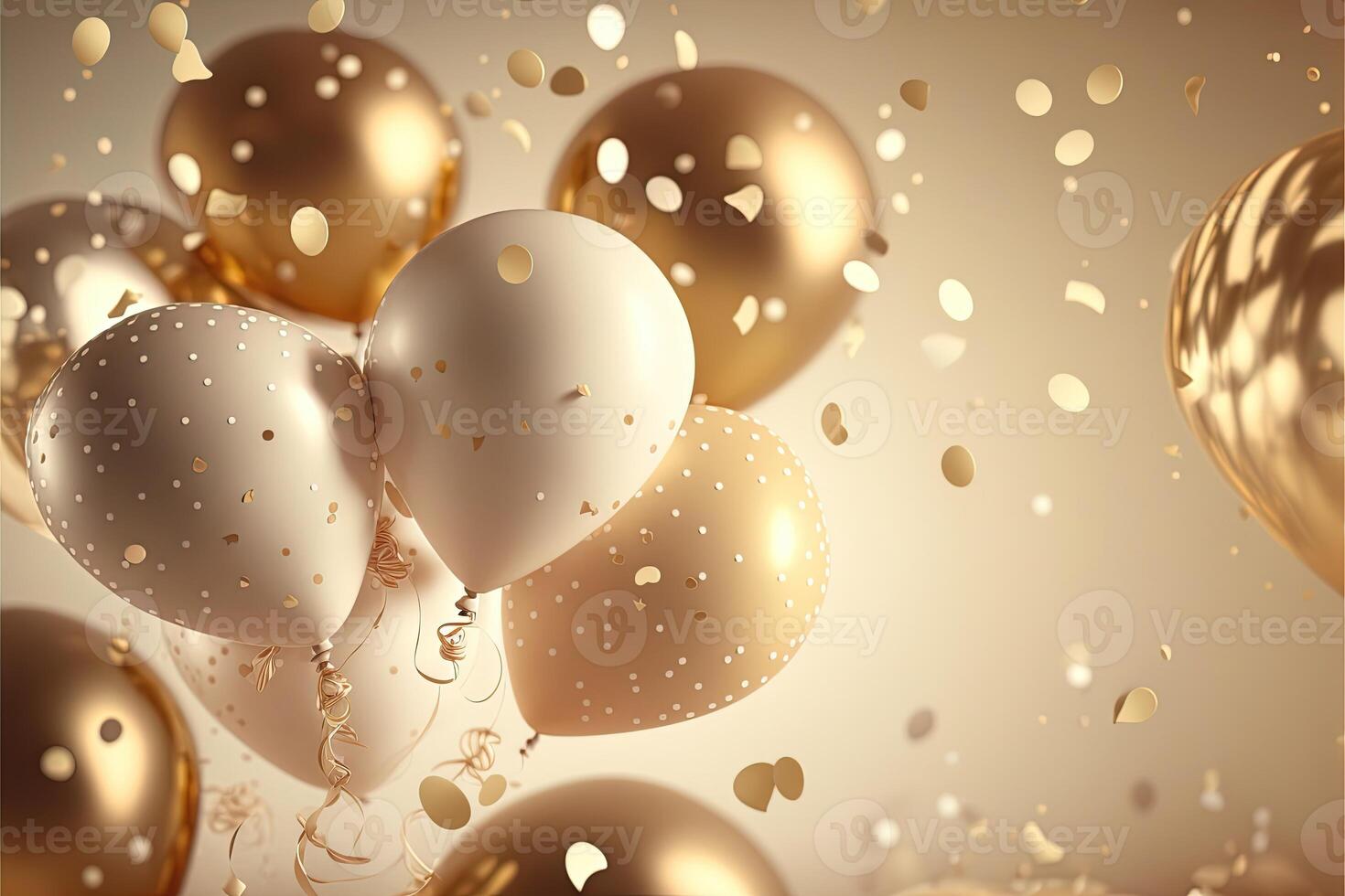Festive luxury background with golden inflatable balloons, confetti, blurred background with bokeh effect. photo