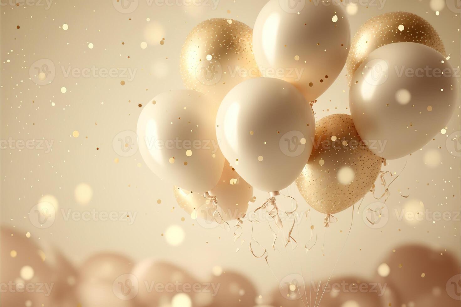 Festive luxury background with golden inflatable balloons, confetti, blurred background with bokeh effect. photo