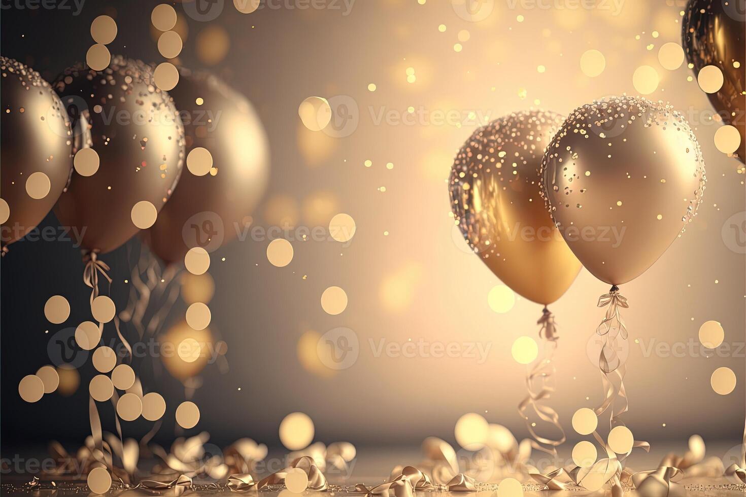 Festive luxury background with golden inflatable balloons, confetti, blurred background with bokeh effect. photo