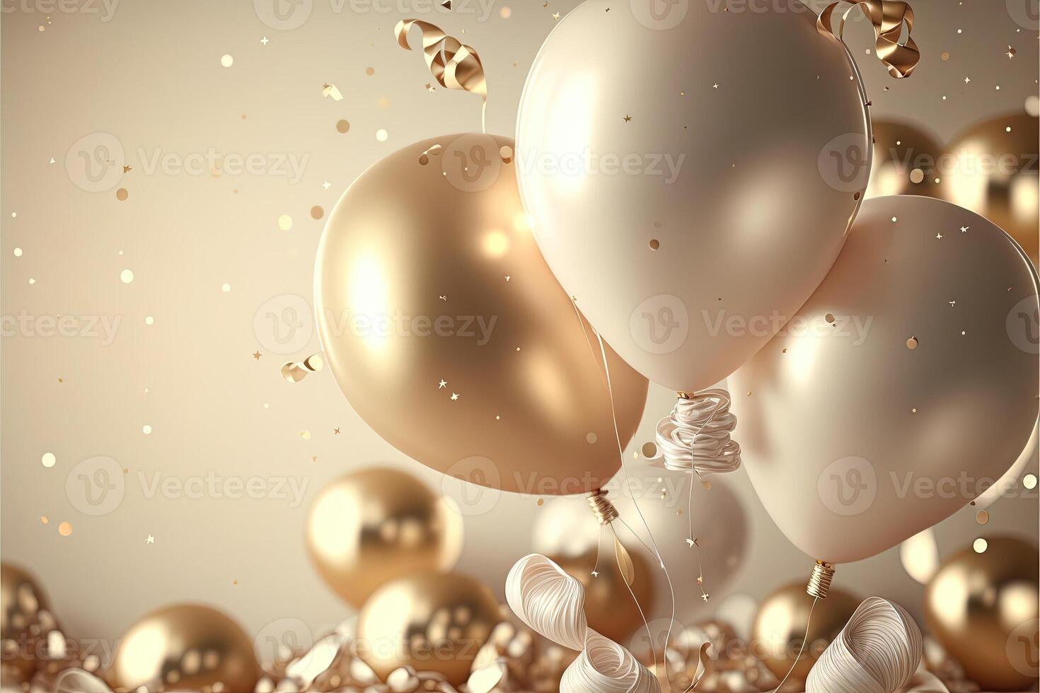 Festive luxury background with golden inflatable balloons, confetti, blurred background with bokeh effect. photo