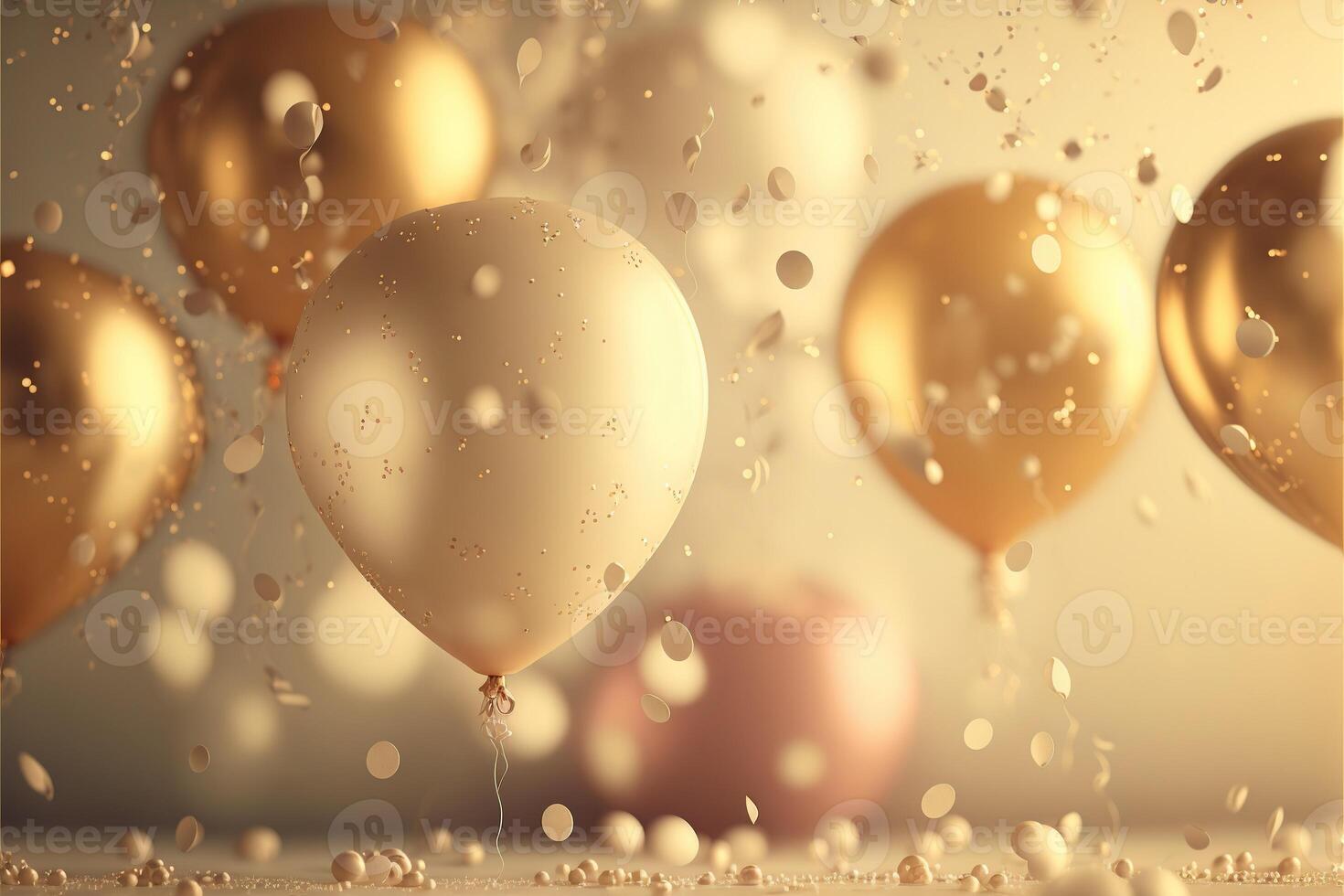 Festive luxury background with golden inflatable balloons, confetti, blurred background with bokeh effect. photo