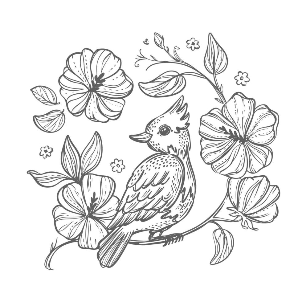 BIRD HAND DRAWN Illustration In Vintage Style With Flowers vector