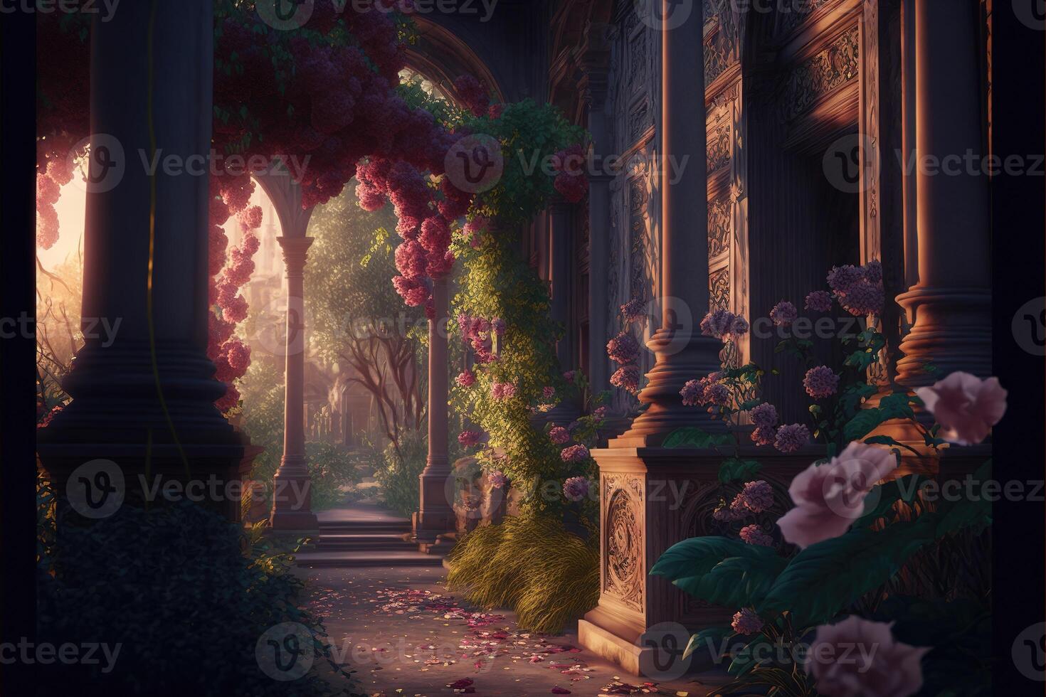 Abstract luxurious interior of a mysterious castle or palace, fabulous atmosphere. . photo