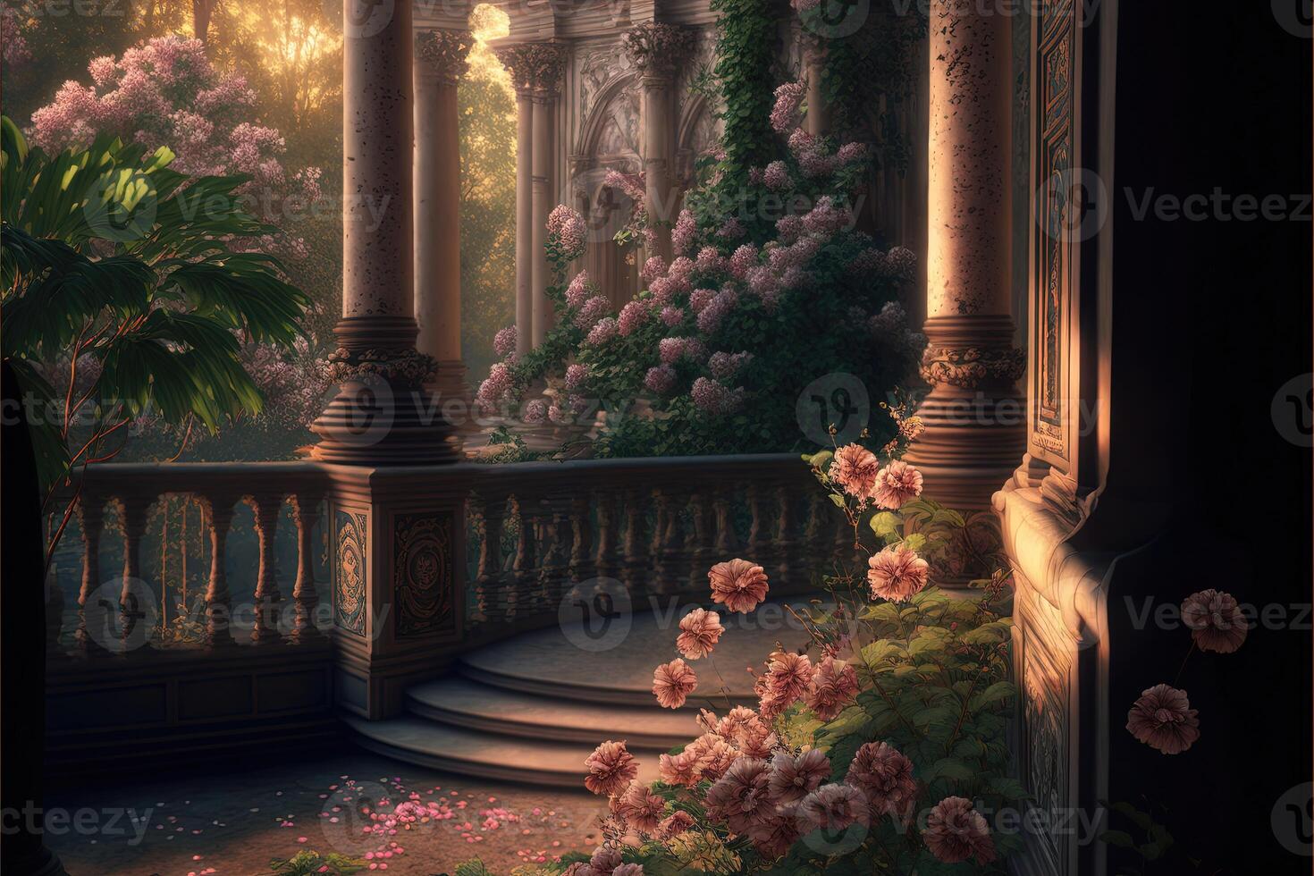 Abstract luxurious interior of a mysterious castle or palace, fabulous atmosphere. . photo