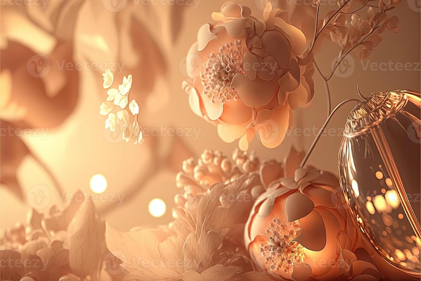 Gentle mysterious fairy tale background with flowers and burning candles. photo