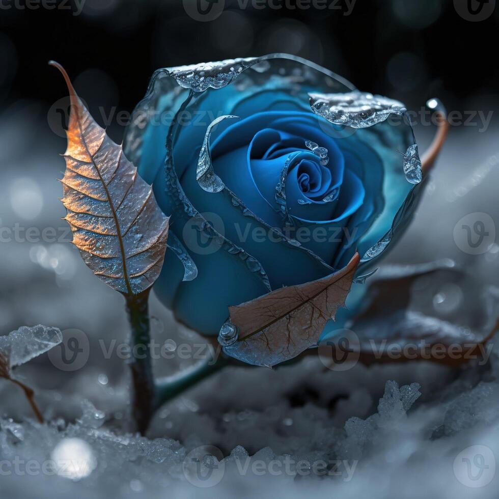 Frozen magic blue rose in the snow romantic background. photo