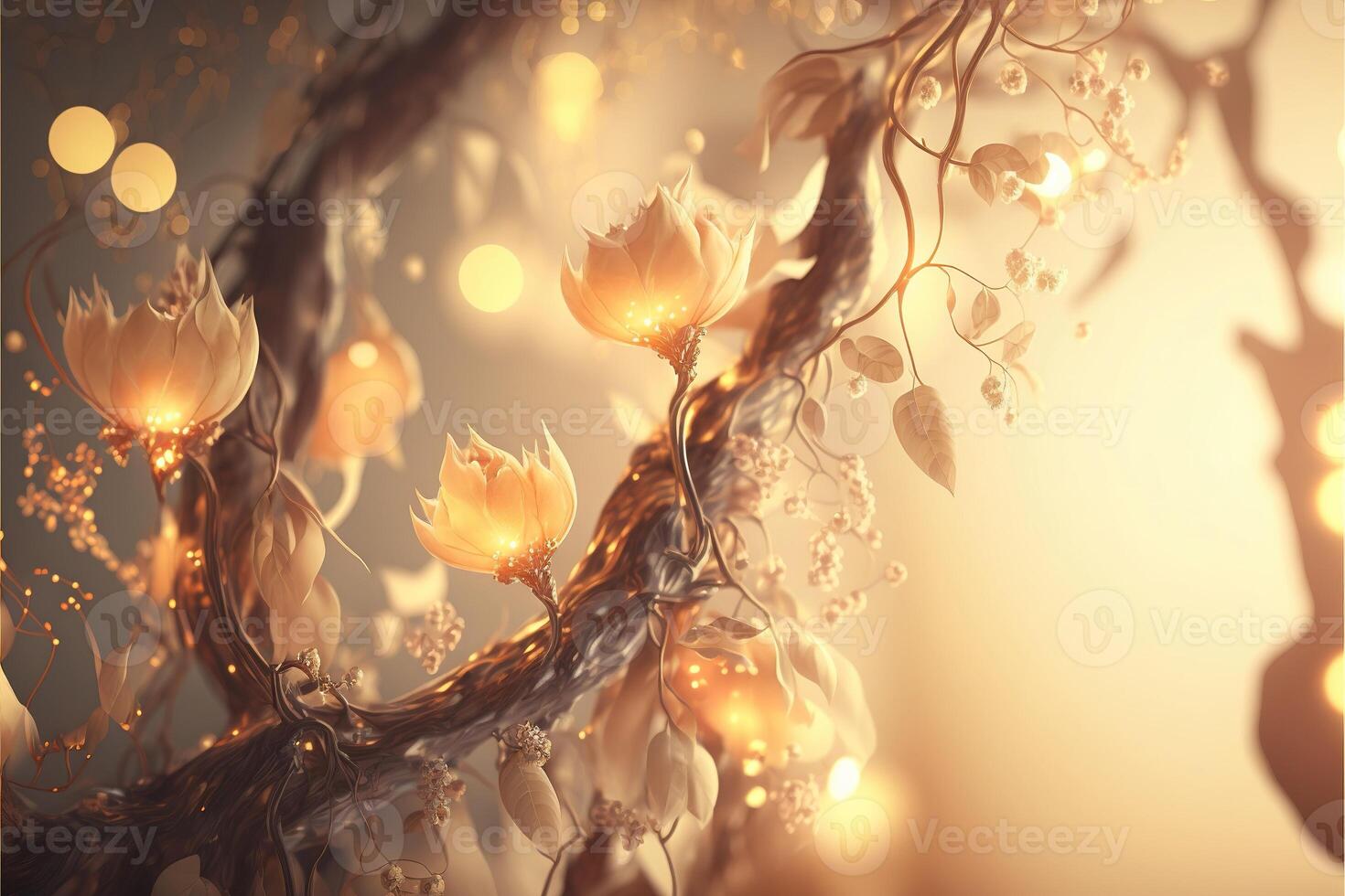 Gentle mysterious fairy tale background with flowers and burning candles. photo