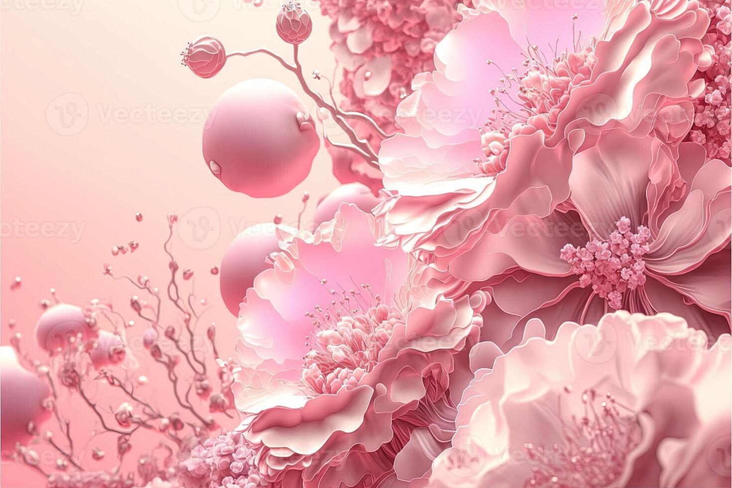 Delicate romantic pastel pink background with beautiful flowers. Abstract wedding backdrop. photo