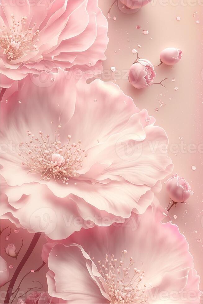 Delicate romantic pastel pink background with beautiful flowers. Abstract wedding backdrop. photo