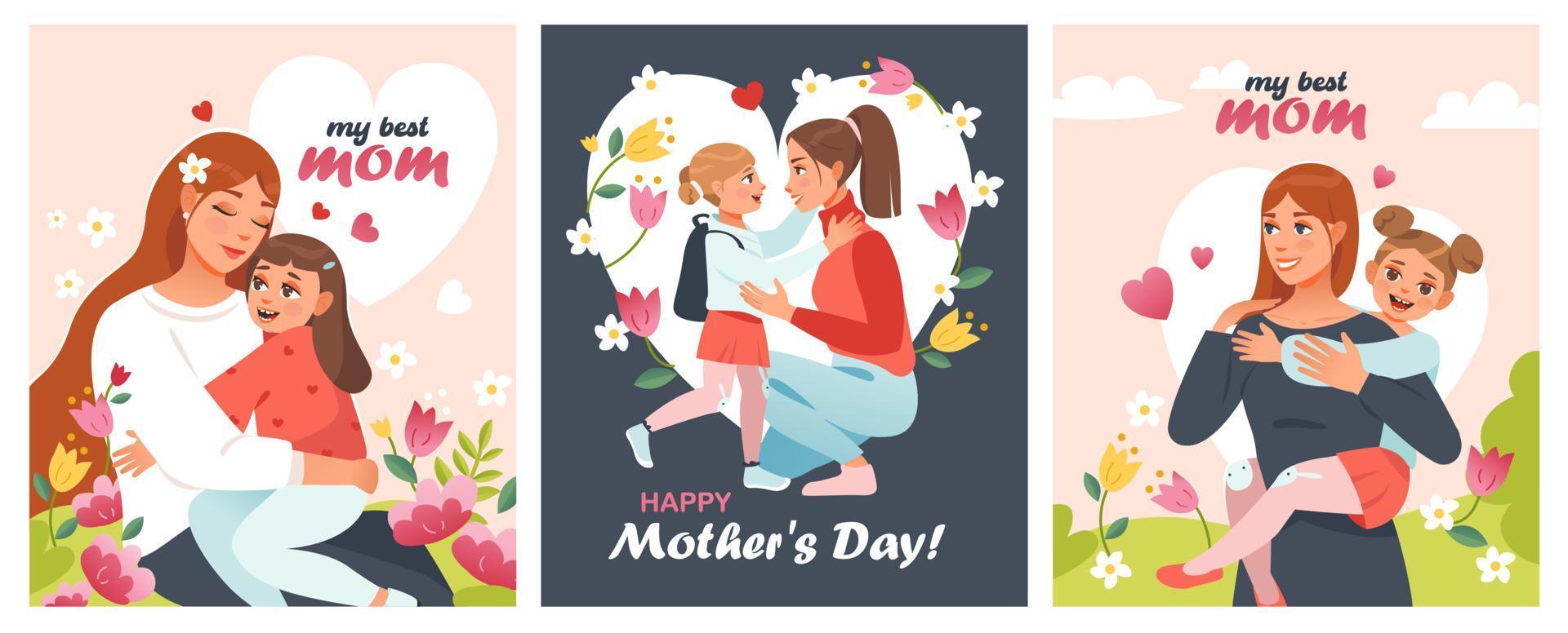 Mother's Day. Mother and daughter hug. A set of postcards for the best mom. Cartoon vector illustration