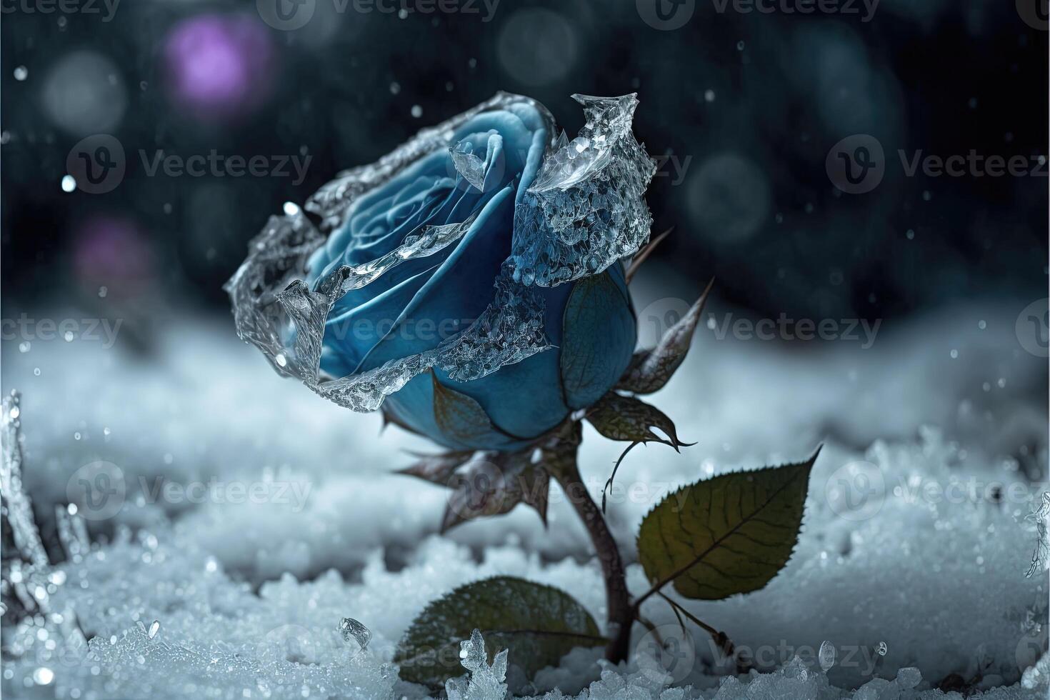 Frozen magic blue rose in the snow romantic background. photo