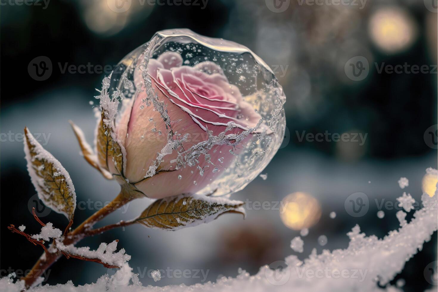 Frozen magic red rose in the snow romantic background. photo