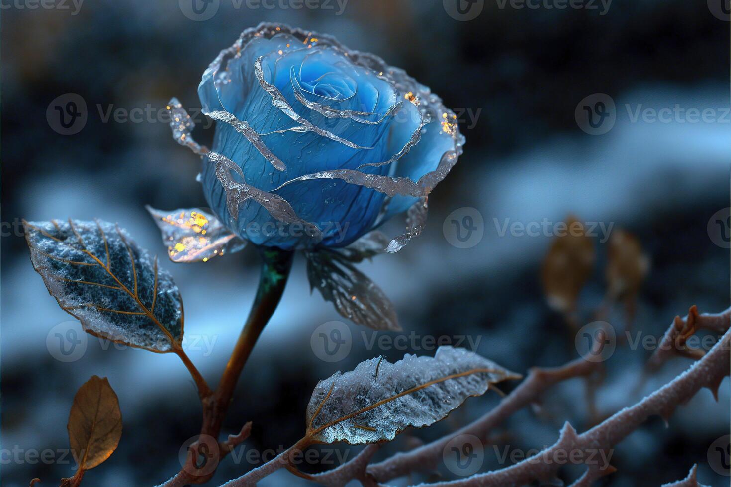 Frozen magic blue rose in the snow romantic background. photo