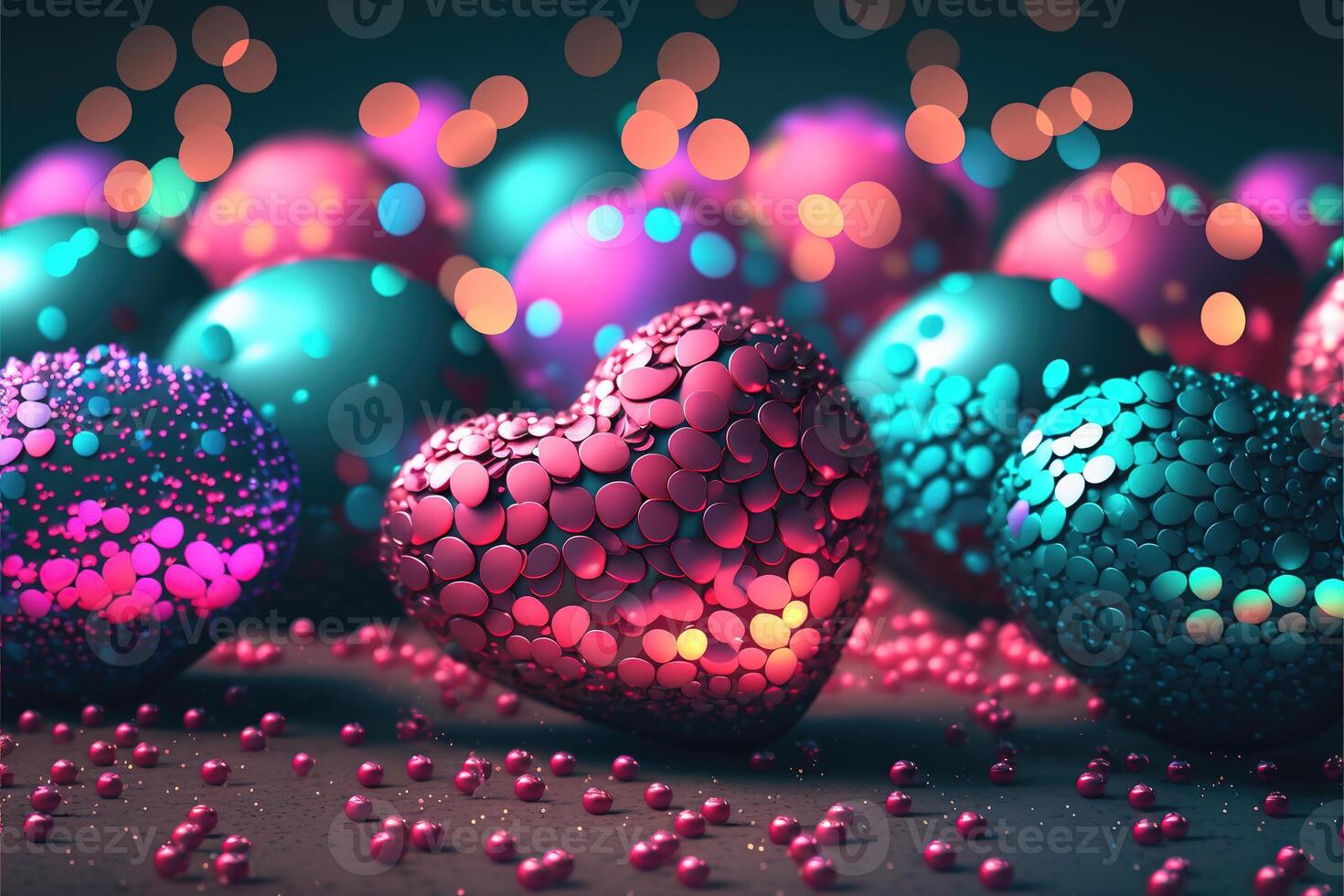 Bright festive background with inflatable hearts, sequins and bokeh Light Effect. Card background for Valentine's Day, Happy Birthday and so on. photo