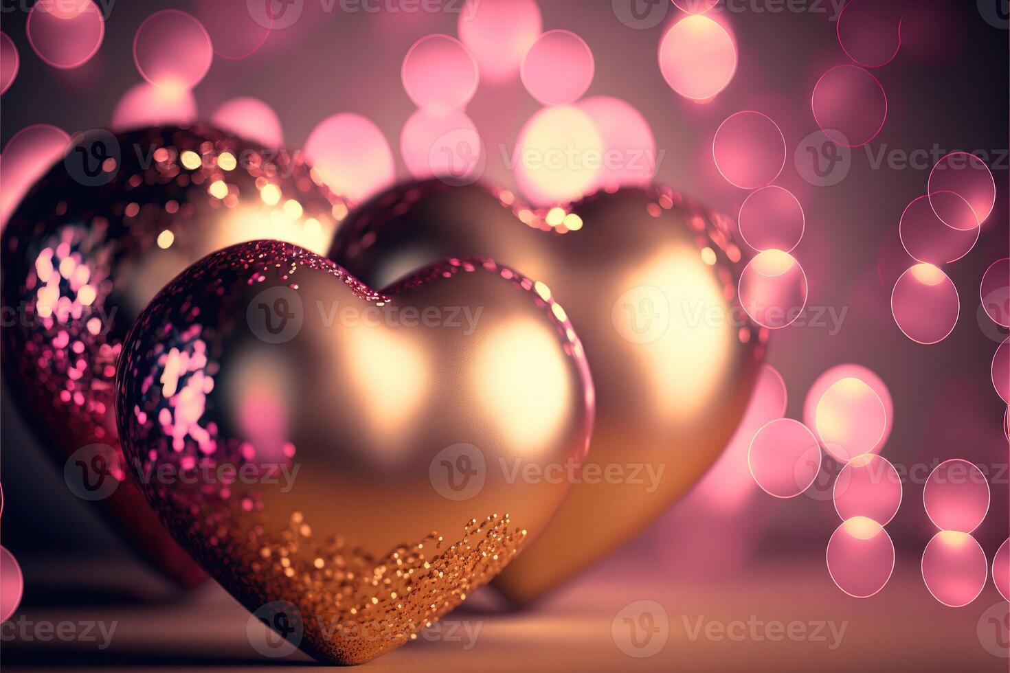 Bright festive background with inflatable hearts, sequins and bokeh Light Effect. Card background for Valentine's Day, Happy Birthday and so on. photo